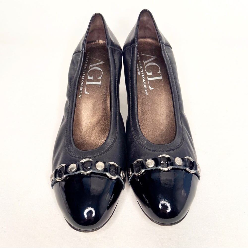 AGL Attilio Giusti Leombruni Black Leather Heel Black Cap Toe Pumps SZ 41/10